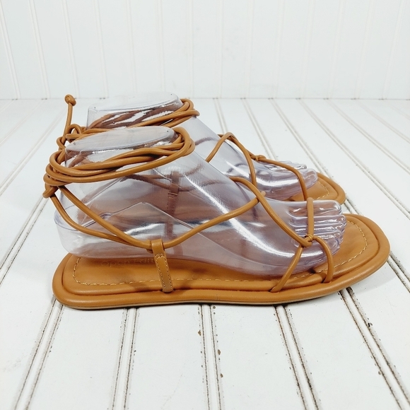 NEW Open Edit Brown Leather Strappy Lace Up Ankle Summer Flat Sandals M485 - Picture 5 of 11